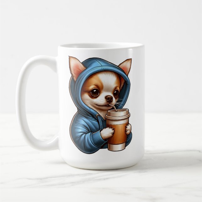 Adorável Chihuahua Bebendo Café de Xícara (Esquerda)