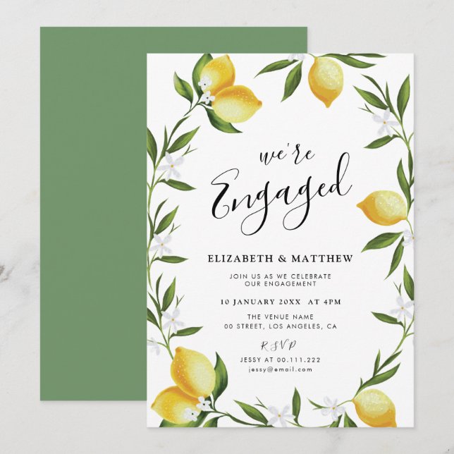 adorável convite à festa de noivado de folhas de l (Frente/Verso)