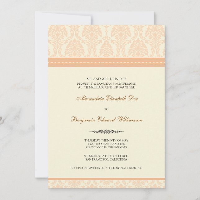 Adorável Convite ao Casamento tema damasco (pêsseg (Frente)