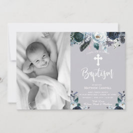 Adorável Convite De Batismo Floral Rosa Azul Marin