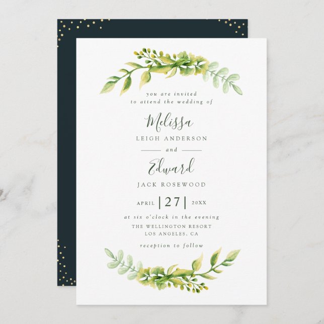 adorável convite de casamento de folhagem verde (Frente/Verso)