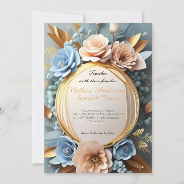 adorável convite de casamento floral azul empoeira (Frente)