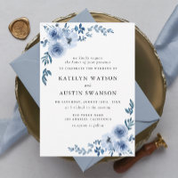 adorável convite de casamento floral azul empoeira
