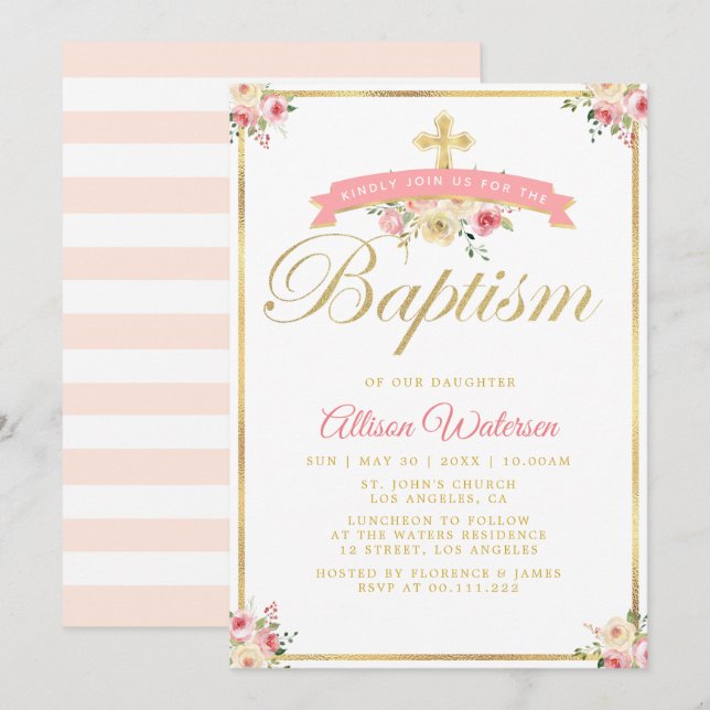 adorável convite para batismo floral (Frente/Verso)