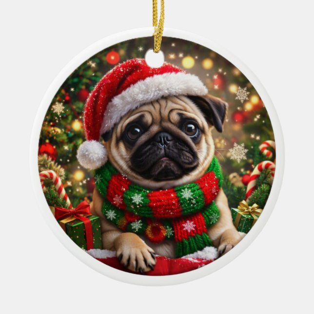 Adorável Enfeite de Natal de Pug (Frente)