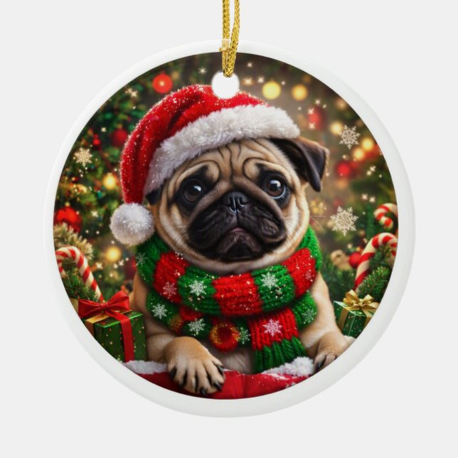 Adorável Enfeite de Natal de Pug (Frente)