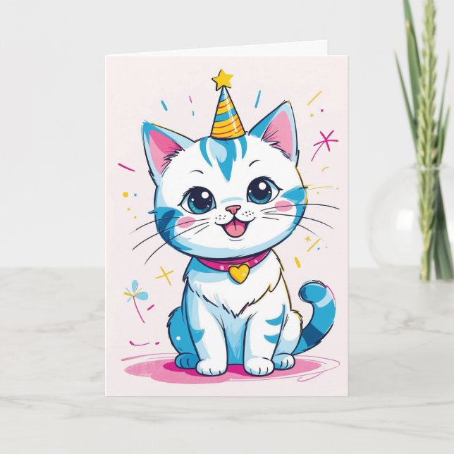 Adorável Gato de Aniversário - Cartão Personalizáv (Frente)