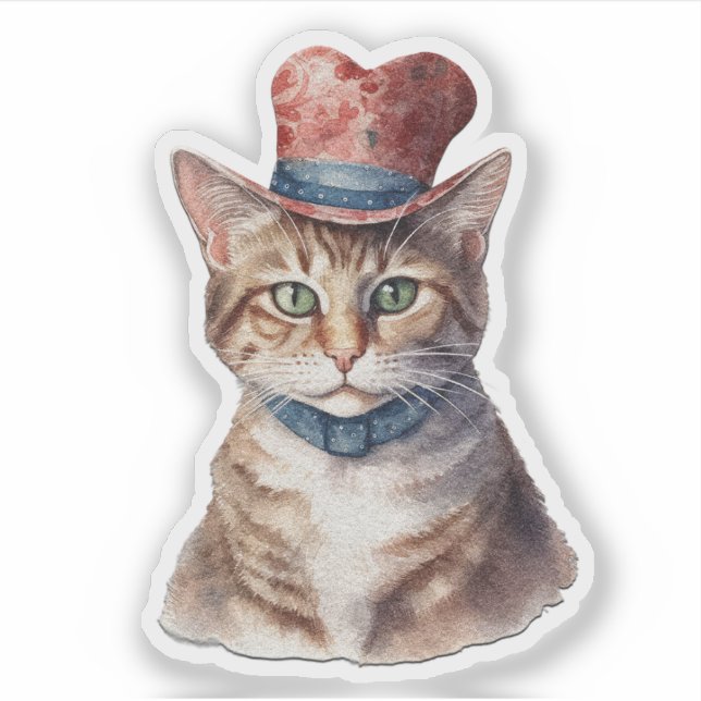 Adorável Gato Usando um Chapéu - Adesivo de Dia do (Frente)