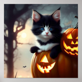 Adorável Kitten de Halloween num Poster de Abóbora
