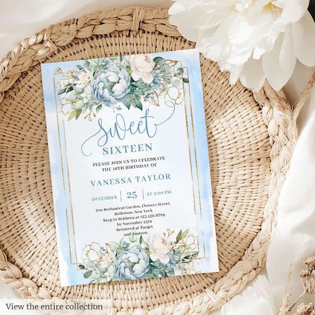 Adorável Poeira Azul Branca Doce 16 Convite (Lovely Dusty Blue White Peonies Sweet 16 Invitation)