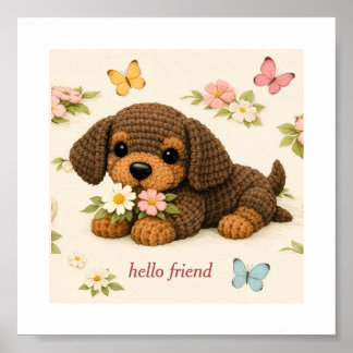 Adorável Poster de Cachorrinho Floral Borboleta – 