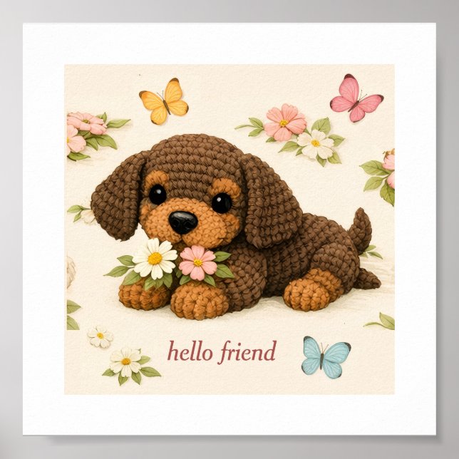 Adorável Poster de Cachorrinho Floral Borboleta –  (Frente)