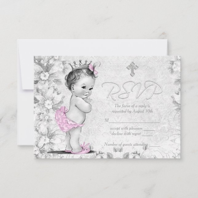 Adorável RSVP de Batismo Vintage Rosa e Cinza (Frente)