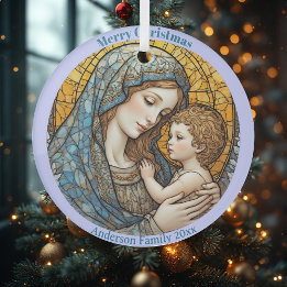 Adorno de Natal Madonna e Menino em Vidro Colorido