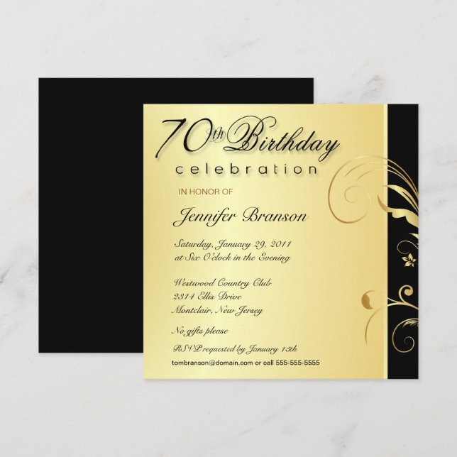 Adulto de Aniversário 70 - Convite Floral Dourado  (Frente/Verso)