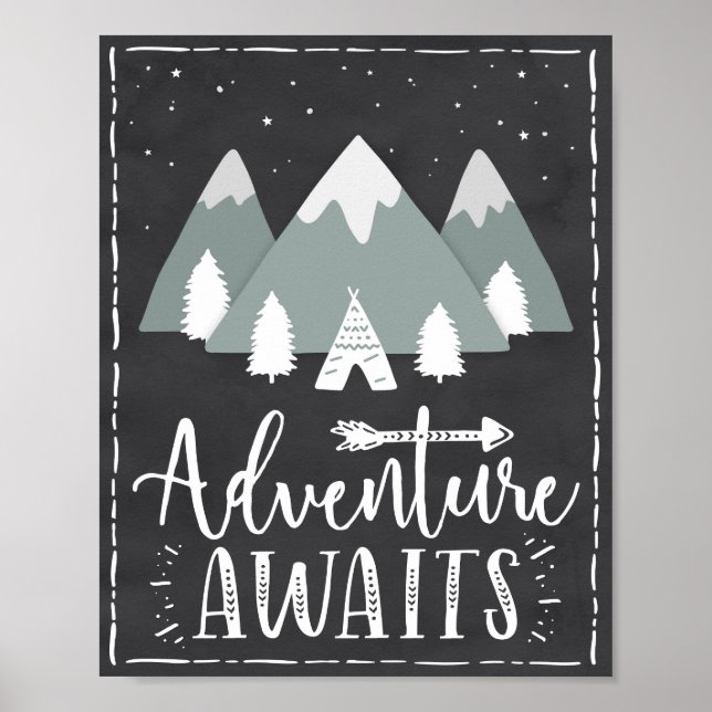 Adventure Awaits Boho Mountain Teepee Art Poster (Frente)