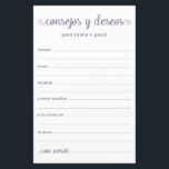 Advice e Desejo Espanhol<br><div class="desc">Estas folhas simples, poeirentas, roxas, modernas, mínimas, escritas à mão, Conselhos e Desejos Espanhóis/Consejos y Deseos são perfeitas para ter chá de panela, janto de ensaio ou convidados de casamento preenchidos para o casal feliz. As pessoas vão adorar ter as ordens - tornam tão fácil deixar palavras amáveis de conselhos...</div>