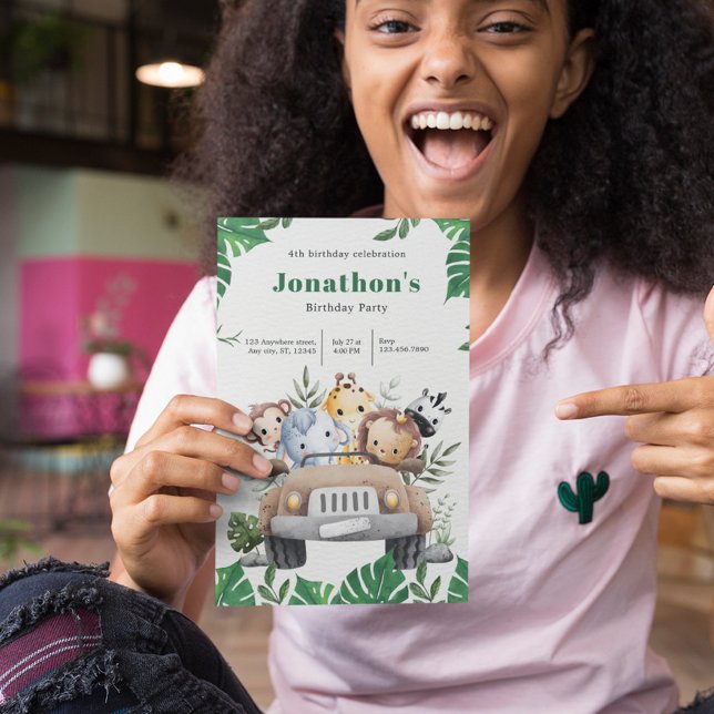 Aestésico Verde Animais Safari Aniversário Convite (Criador carregado)