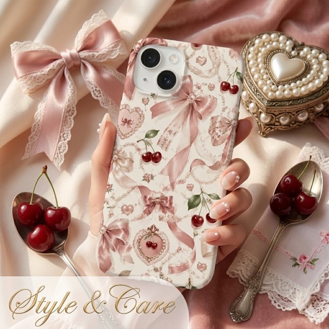 Aesthetic Vintage Coquette Rosa e Cereja (Vintage Coquette Pink Bow & Cherry Aesthetic Case-Mate iPhone 14 Case)