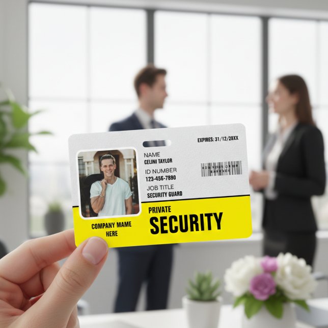Afiado e Profissional: Crachá Personalizado para S (Sharp & Professional: Custom Yellow Security Guard ID Badge)
