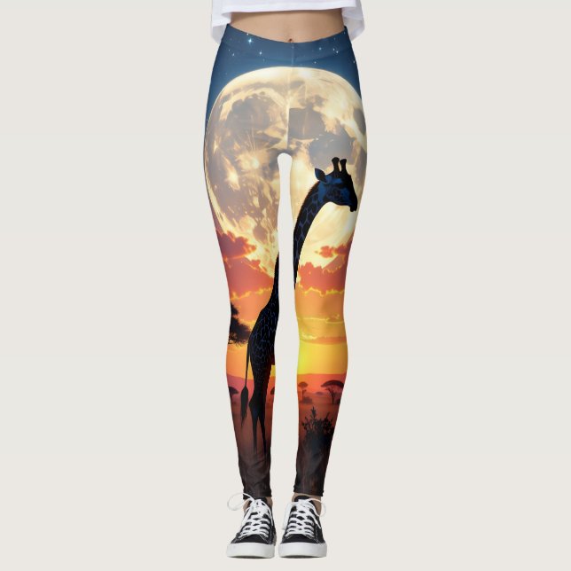 African Sunset Moon Giraffe Leggings | Tights (Frente)