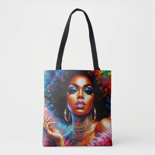 Afro Glam Tote Bag com Pop de Arte Preta dos anos  (Frente)