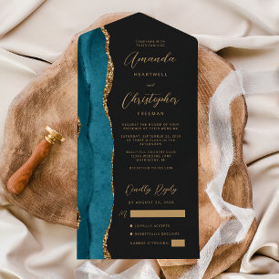 Ágata Azul Teal Dourado Script Escuro