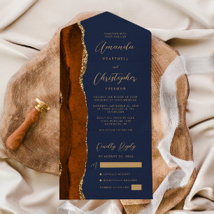 Ágata Laranja Queimada Dourado Script Azul Marinho