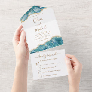 Agate Aqua Turquoise Casamento Dourado Azul RSVP