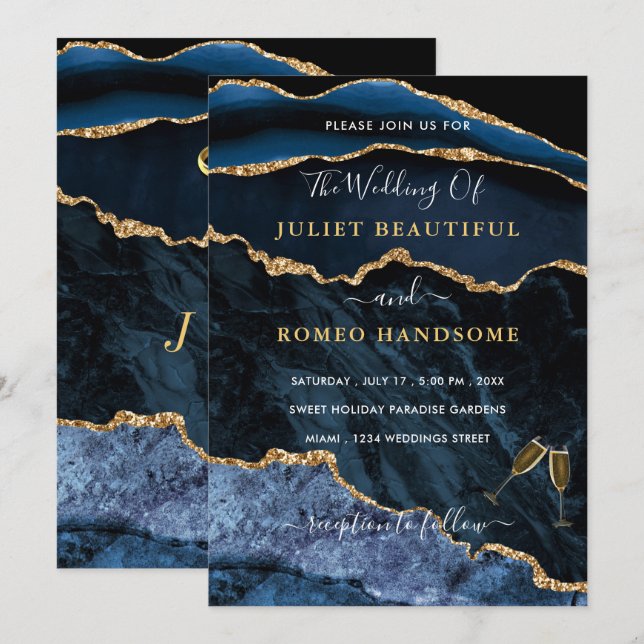 Agate Blue Dourado Rings Convocação de Casamento d (Frente/Verso)