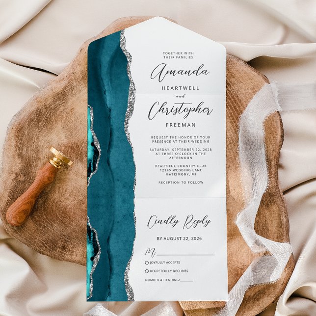 Agate Teal Blue Silver Casamento (Criador carregado)