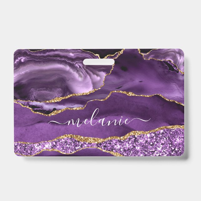 Age Violeta Roxo Dourada Glitter Seu Nome Crachá (Frente)