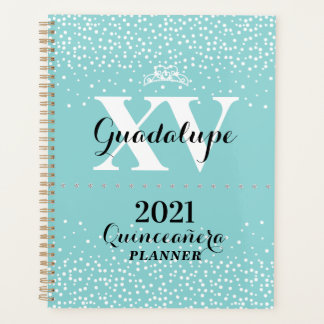 Agenda 2021 Teal Aqua Blue Silver Glitter XV Quinceañera