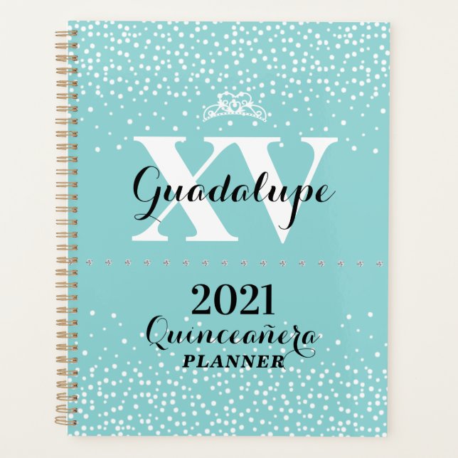 Agenda 2021 Teal Aqua Blue Silver Glitter XV Quinceañera (Frente)