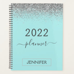 Agenda 2022 Azul Água Brilho Azul Teal Monograma Feminino
