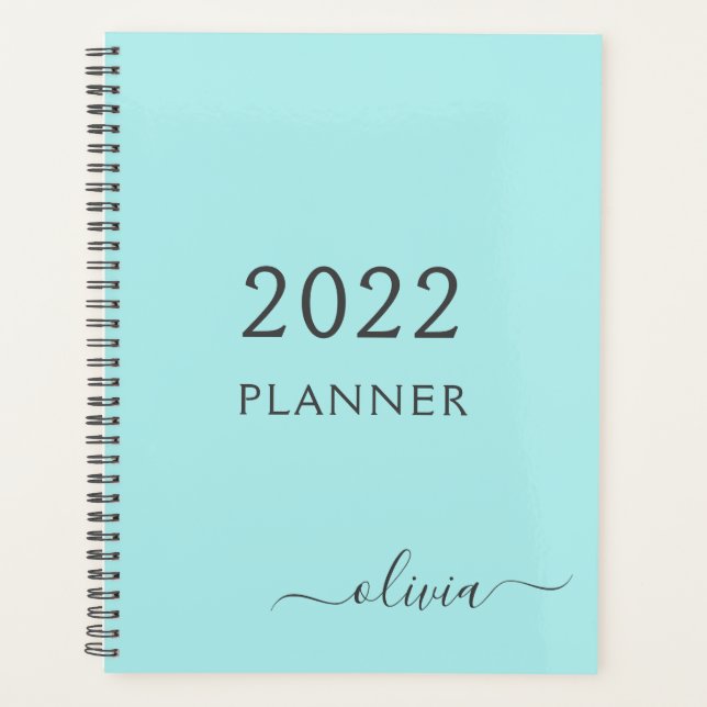 Agenda 2022 Azul Água Teal Nome Monograma Script Feminino (Frente)