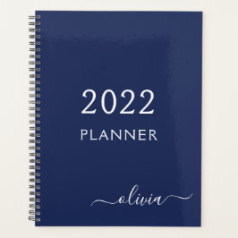 Agenda 2022 Azul Marinho Branco Nome Monograma Feminino e