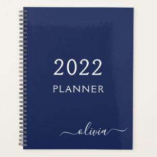 Agenda 2022 Azul Marinho Branco Nome Monograma Feminino e