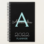 Agenda 2022 Azul Verde Água Preto Monograma Elegante<br><div class="desc">2023 Caderno Personalizado com Monograma Azul Água e Preto. Este é o presente perfeito para aniversário de 16 anos,  casamento,  chá de noiva,  aniversário de casamento,  chá de bebê ou despedida de solteira para alguém que ama luxo e estilos chiques.</div>