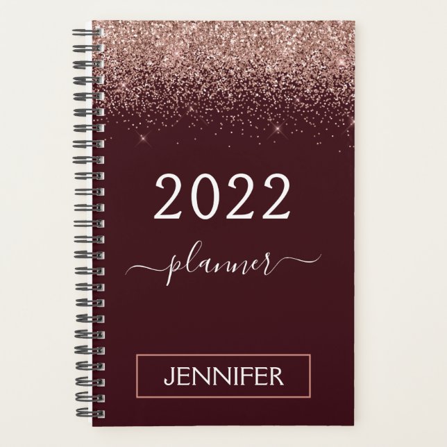Agenda 2022 Burgundy Blush Pink Rose Dourada Glitter (Frente)