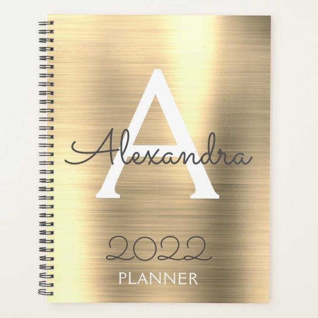 Agenda 2022 Dourado Metálico Monograma Elegante (Frente)