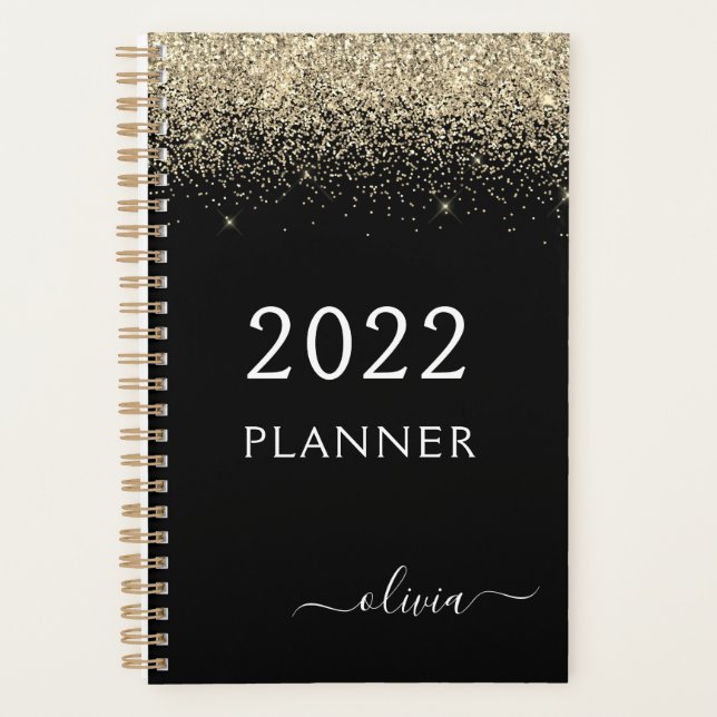 Agenda 2022 Dourado Preto Brilho Glam Monograma (Frente)