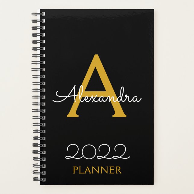 Agenda 2022 Dourado Preto Monograma Elegante (Frente)