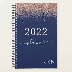 Agenda 2022 Dourado Rosa Azul Naval Brilho Monograma