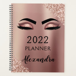 Agenda 2022 Dourado Rosa Glitter Monograma Cílios Rosa