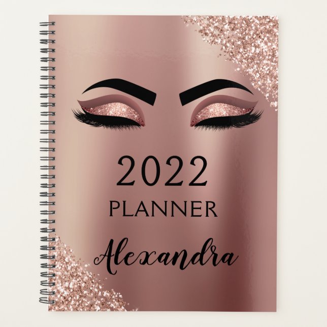 Agenda 2022 Dourado Rosa Glitter Monograma Cílios Rosa (Frente)