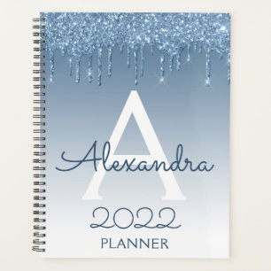 Agenda 2022 Monograma com Brilho Azul e Gotas