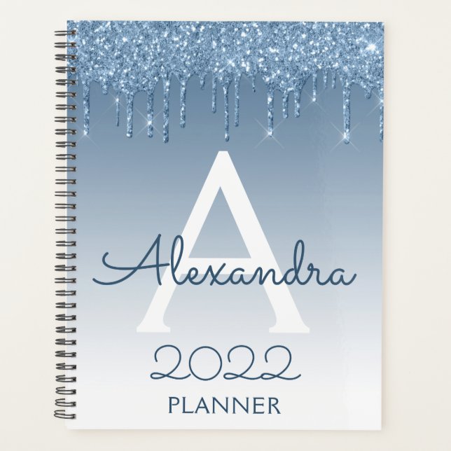 Agenda 2022 Monograma com Brilho Azul e Gotas (Frente)