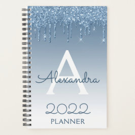 Agenda 2022 Monograma com Brilho Azul e Gotas de Glitter