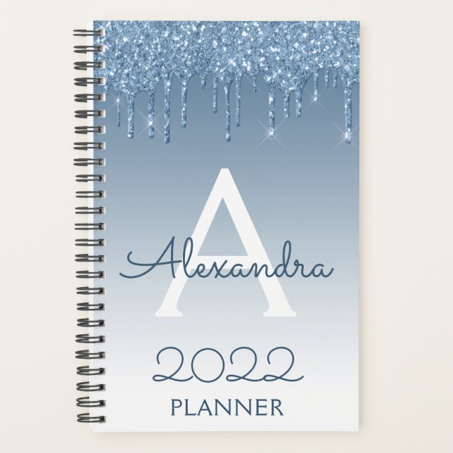 Agenda 2022 Monograma com Brilho Azul e Gotas de Glitter (Frente)